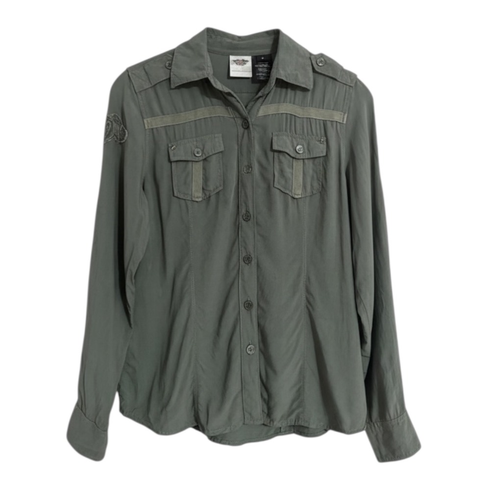 Harley Davidson Womens Olive Green Rayon Eagle Graphic Button Up Shirt‎ Small